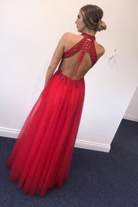 Elegant High Neck Red Beaded Prom Dress with Open Back