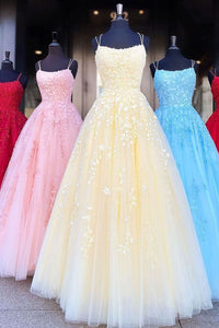 Princess Straps Long Prom Dress with Lace Appliques