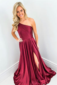 Elegant One Shoulder Wine Red Long Prom Dress with Split