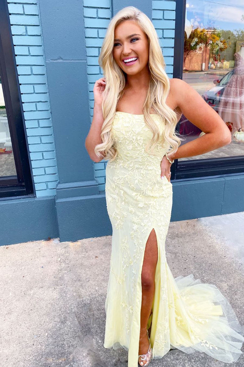 Strapless Light Blue Lace Long Prom Dress with Slit