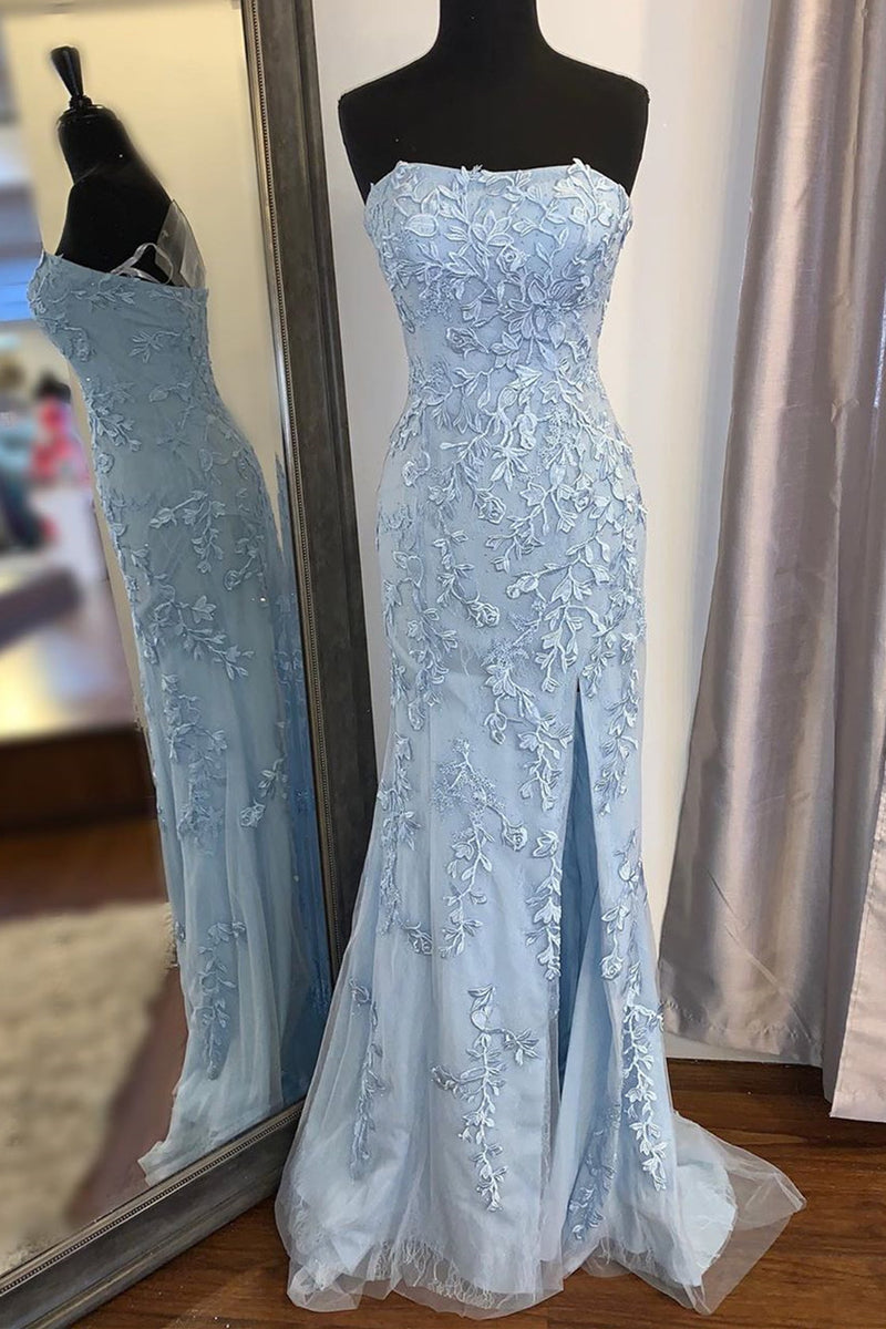 Strapless Light Blue Lace Long Prom Dress with Slit