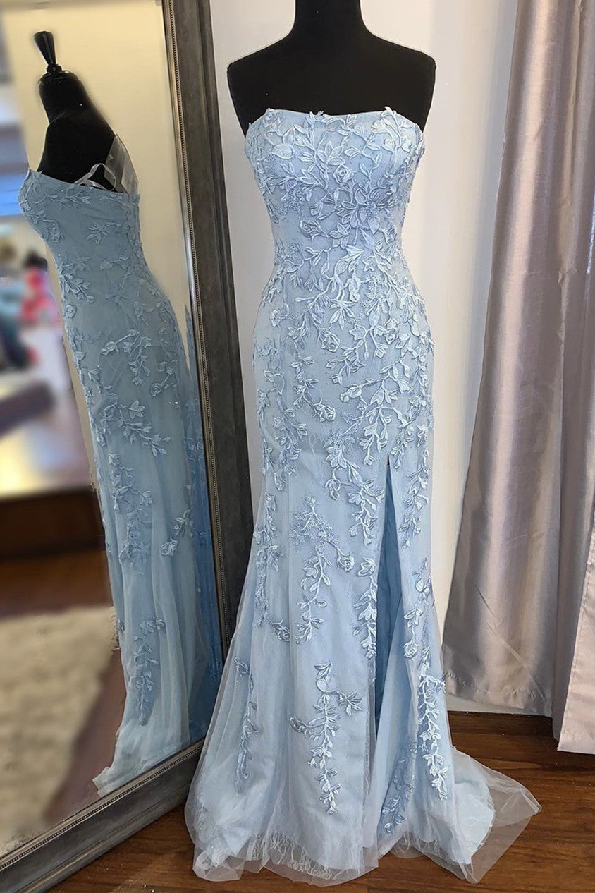 Strapless Light Blue Lace Long Prom Dress with Slit – Dreamdressy