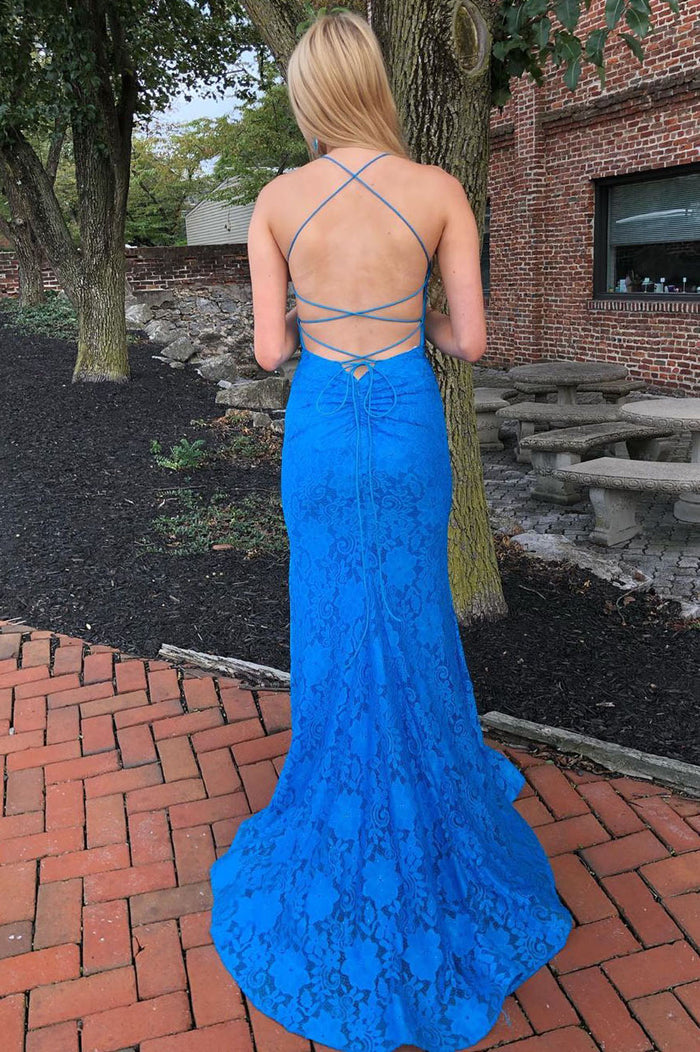 Elegant Straps Blue Long Lace Prom Dress with Train