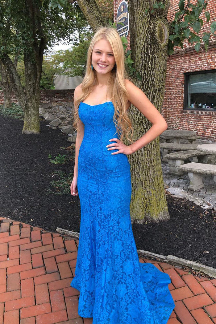 Elegant Straps Blue Long Lace Prom Dress with Train