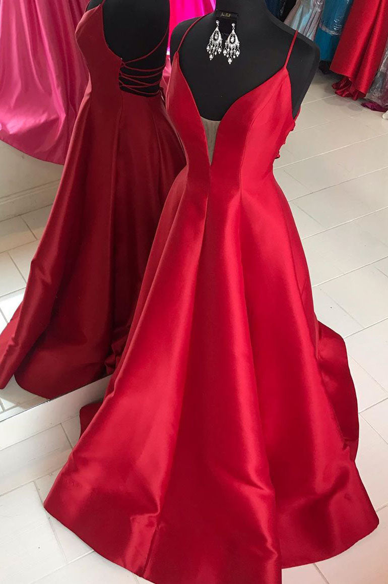 Red Satin Long Prom Dress with Cross Back