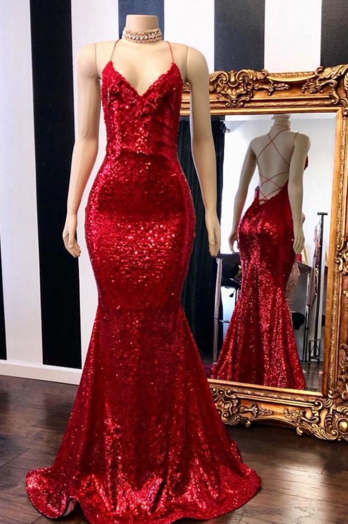 Mermaid Criss Back Red Sequins Long Prom Dress