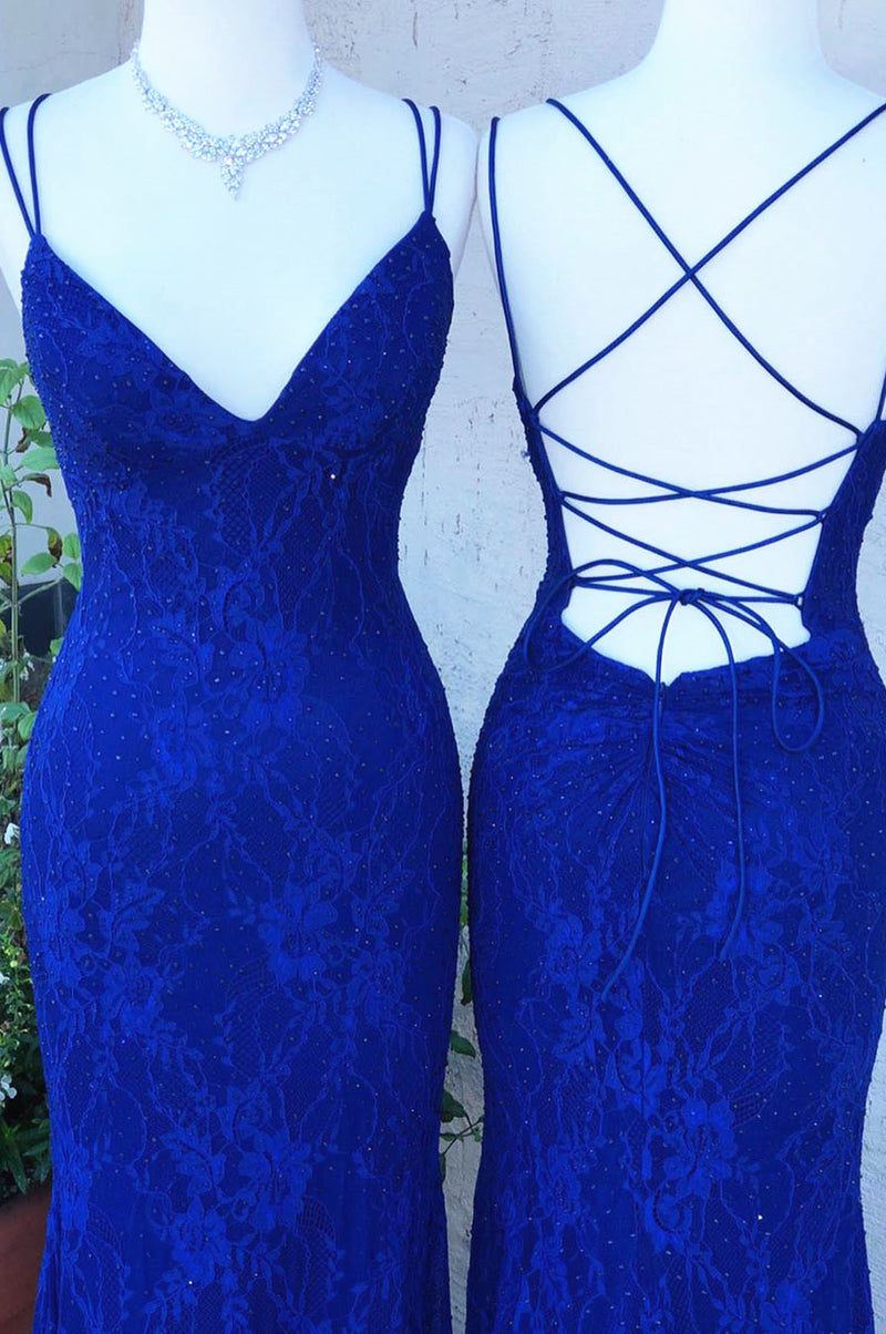 Elegant Straps Royal Blue Lace Long Prom Dress