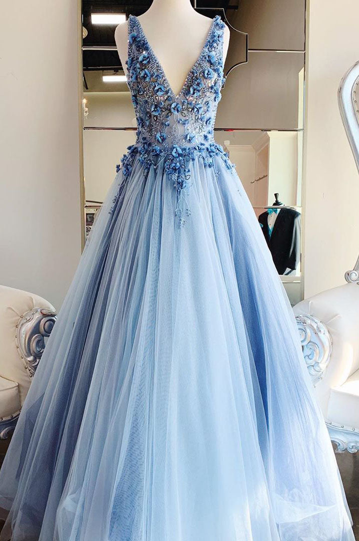 Princess Light Blue Beaded Long Prom Dress with Appliques