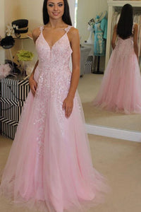 Princess Pink Tulle Long Prom Dress with Appliques