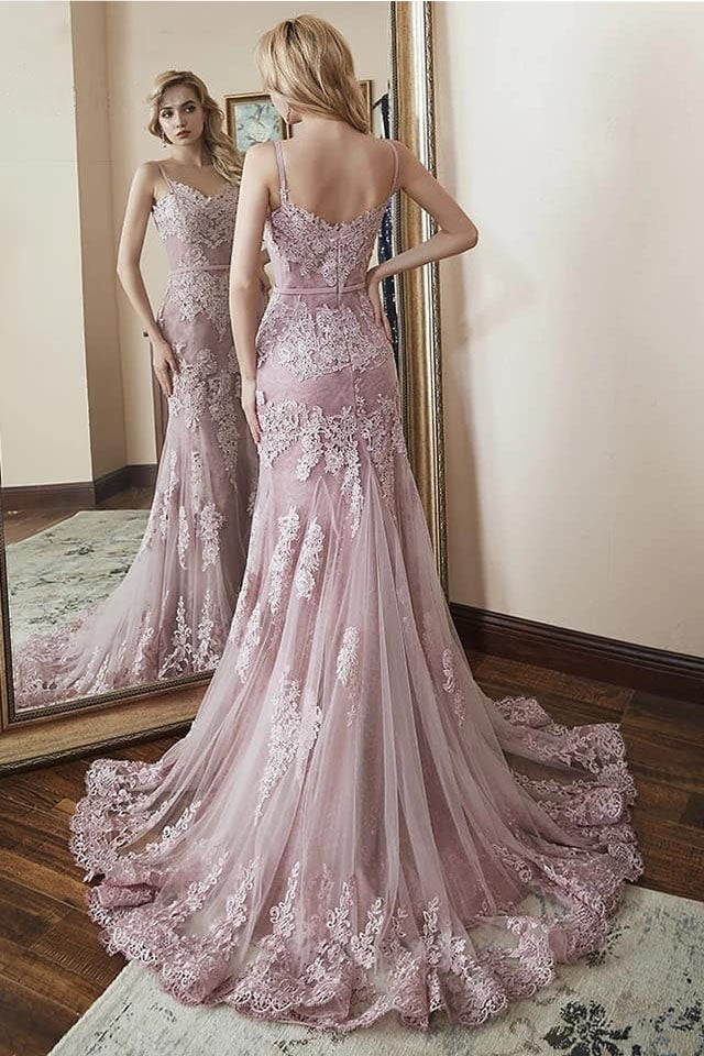 Princess Mermaid Pink Long Prom Dress with Lace Appliques