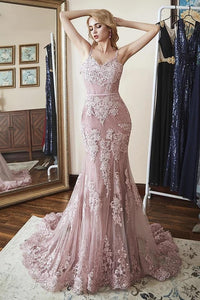 Princess Mermaid Pink Long Prom Dress with Lace Appliques