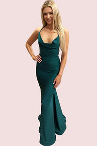 Elegant Teal Mermaid Long Prom Dress with Cowl Neck