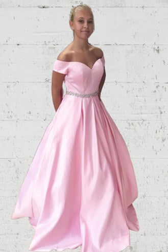 Elegant Off the Shoulder Satin Beaded Long Prom Dress