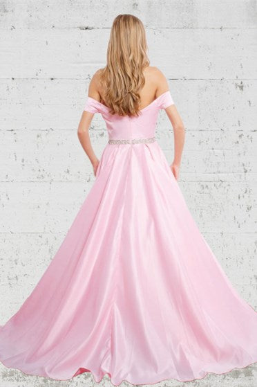 Elegant Off the Shoulder Satin Beaded Long Prom Dress