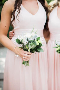 Simple Pink V-Neck Long Bridesmaid Dress