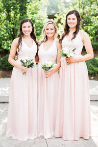 Simple Pink V-Neck Long Bridesmaid Dress