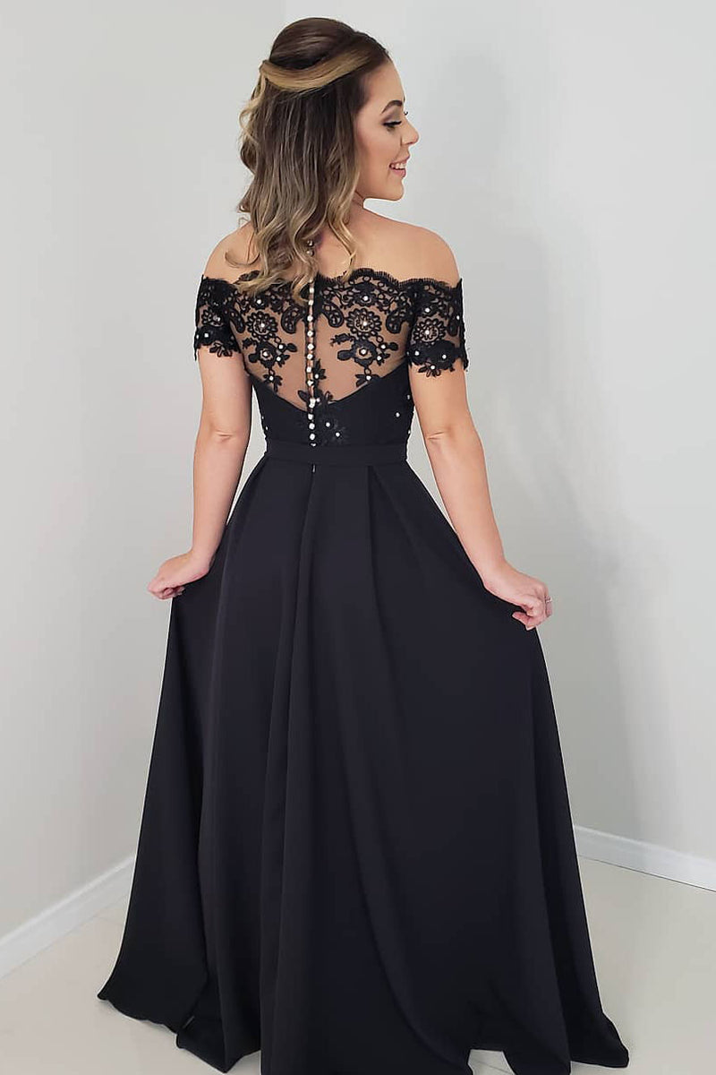 Elegant Off Shoulder Black Long Prom Dress with Lace Top