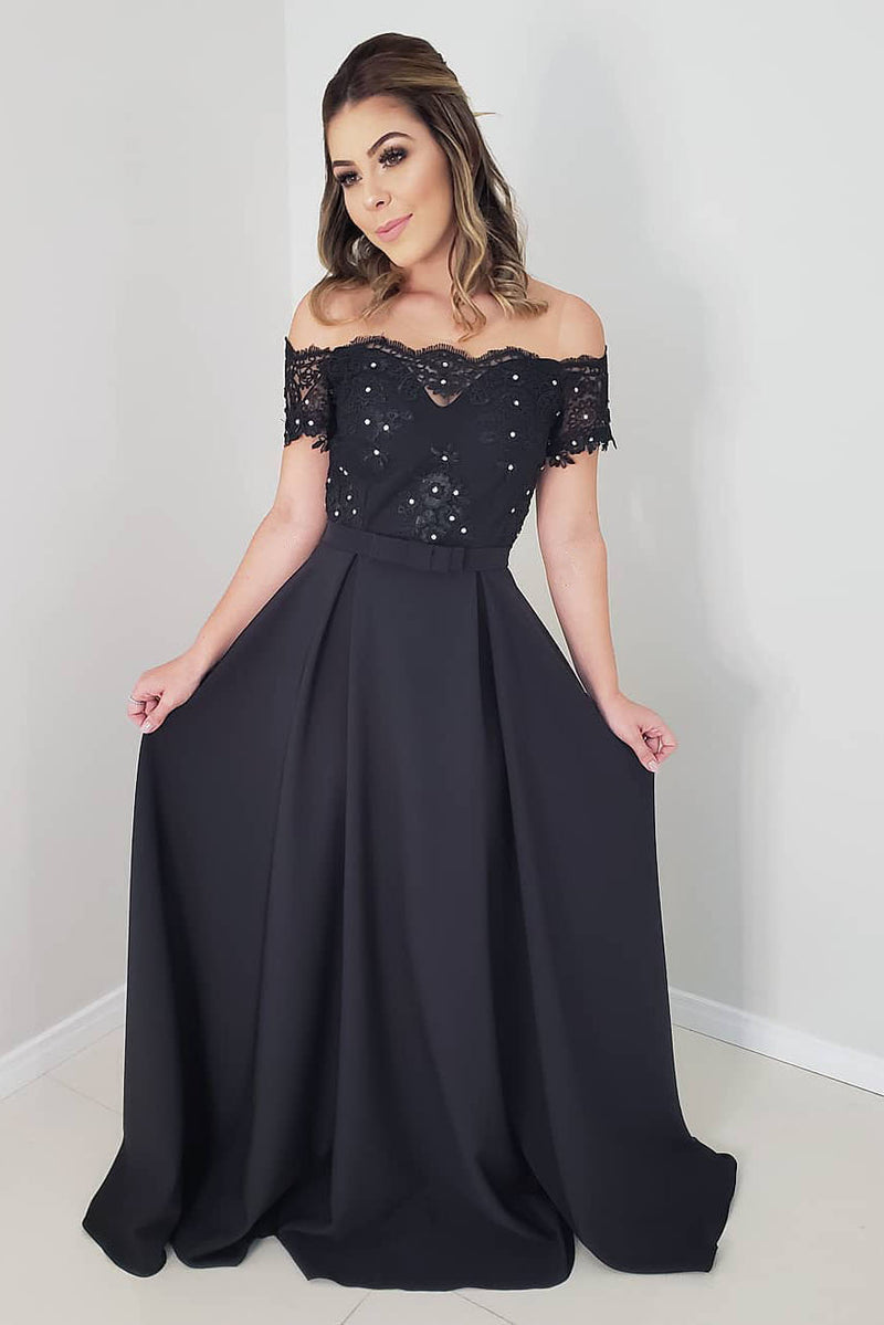 Elegant Off Shoulder Black Long Prom Dress with Lace Top
