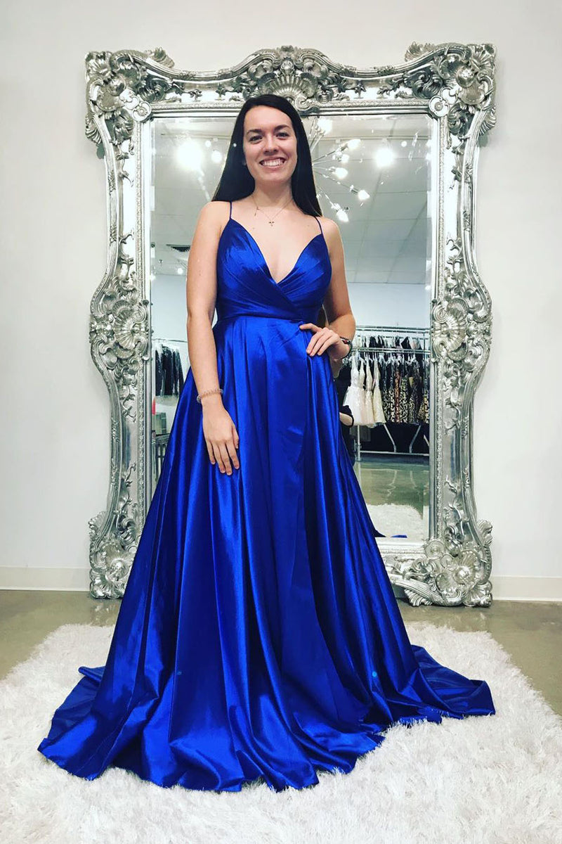 V Neck Royal Blue Long Prom Dress with Straps