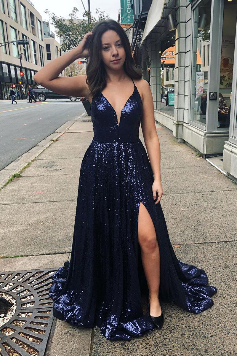 Sparkly Straps Navy Blue Sequin Long Prom Dress with Slit