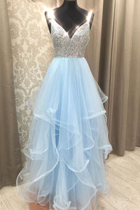 Gorgeous V Neck Light Blue Beaded Long Prom Dress