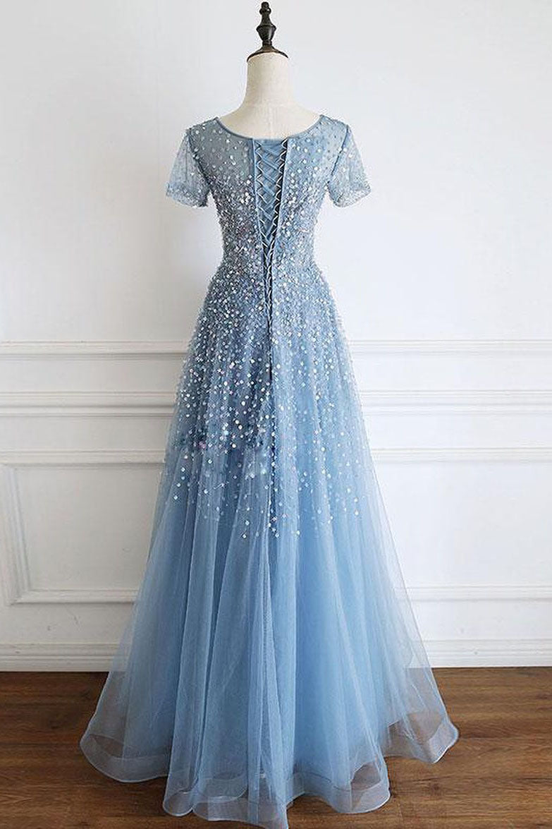 Elegant Cap Sleeves Blue Long Prom Dress with Lace-up Back