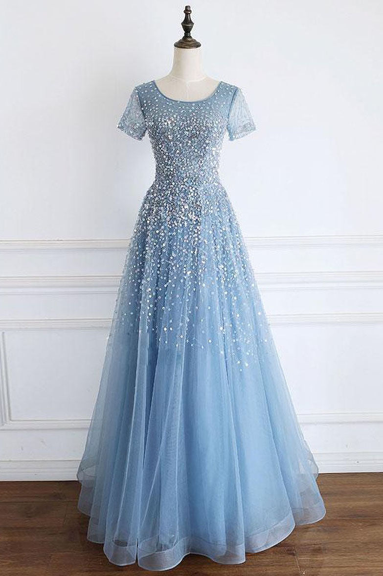 Elegant Cap Sleeves Blue Long Prom Dress with Lace-up Back