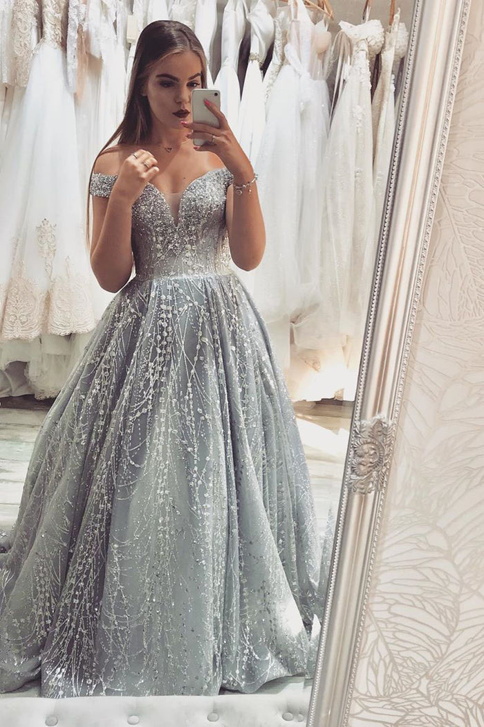 Gorgeous Off the Shoulder Silver Beaded Long Prom Dress