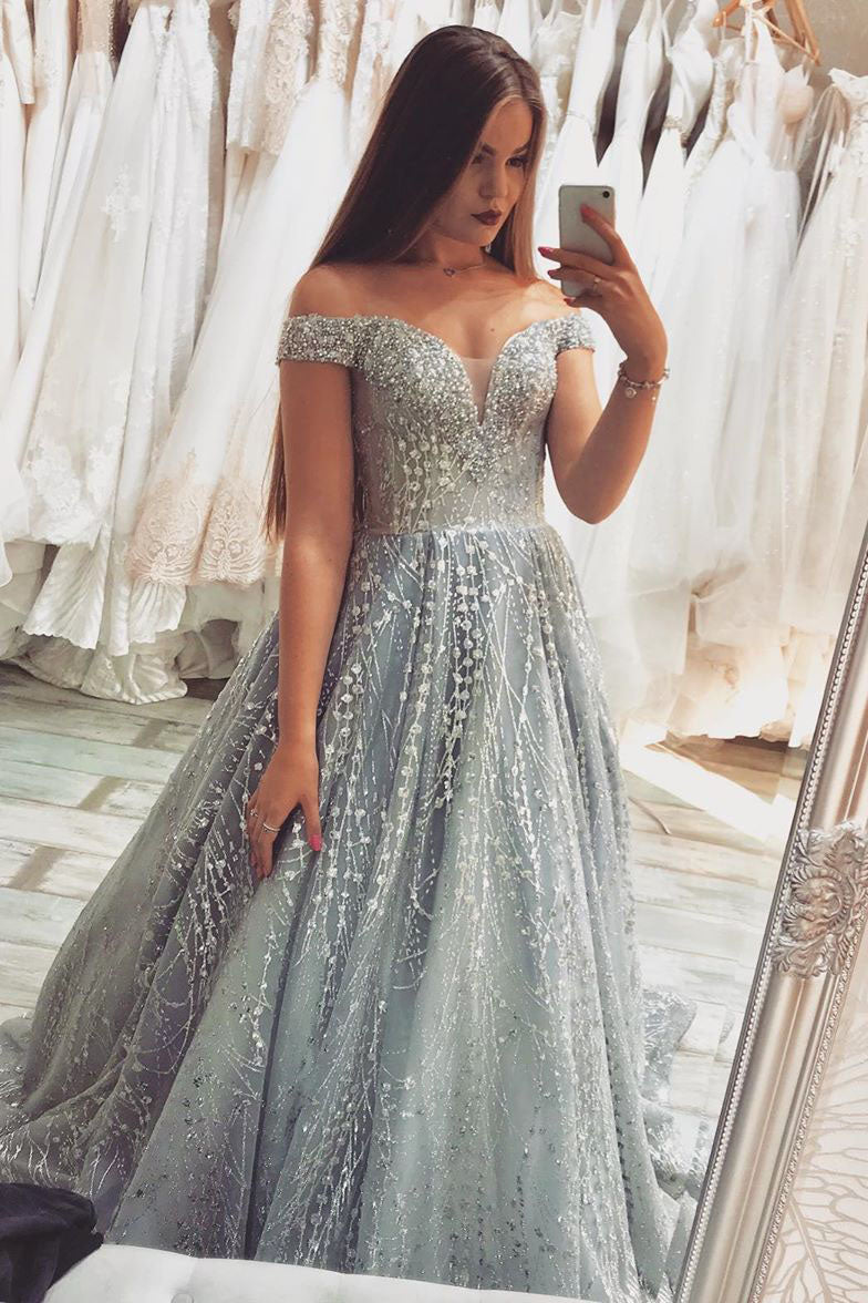 Gorgeous Off the Shoulder Silver Beaded Long Prom Dress