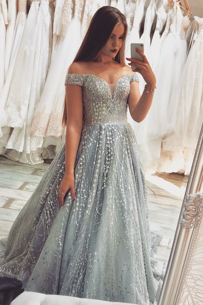 Gorgeous Off the Shoulder Silver Beaded Long Prom Dress