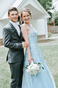 A-line Light Blue Tulle Long Prom Dress