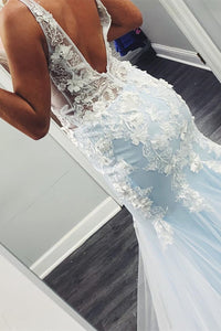 Mermaid V Neck Sky Blue Prom Dress with Lace Appliques