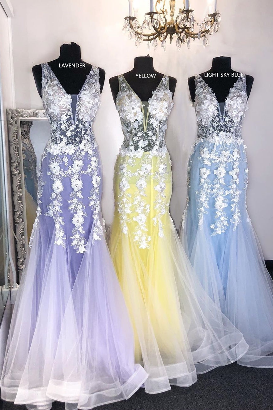 Mermaid V Neck Sky Blue Prom Dress with Lace Appliques