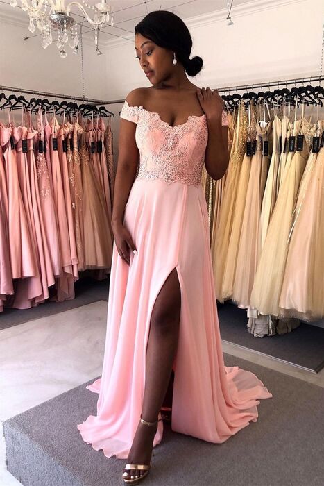 Pink Off the Shoulder Long Prom Dress with Slit