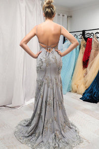 Elegant Mermaid Silver Long Prom Dress with Open Back