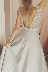 Elegant A-Line Silver Long Prom Dress with Appliques