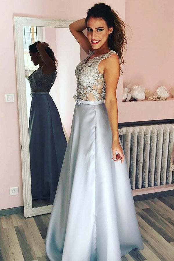 Elegant A-Line Silver Long Prom Dress with Appliques