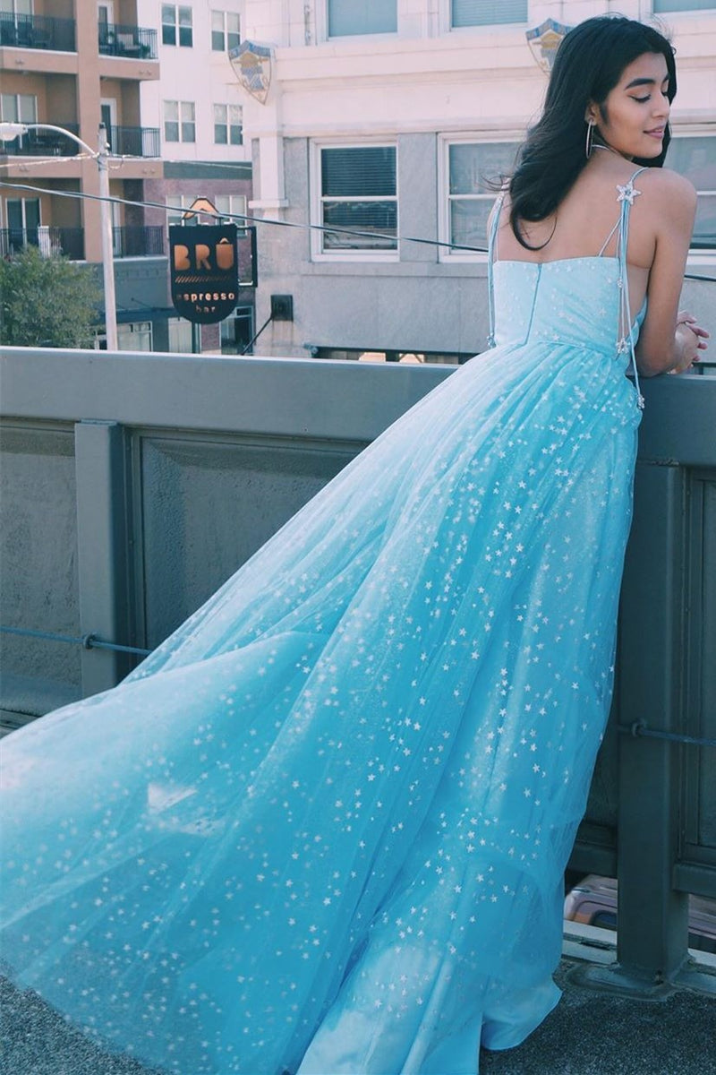 Elegant A-Line Straps Light Blue Long Prom Dress with Stars
