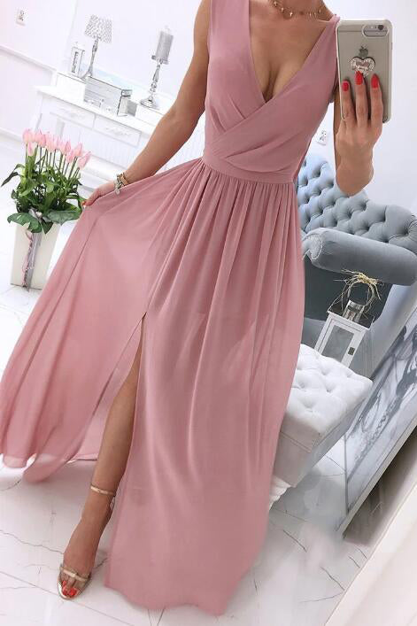 Gorgeous Blush Pink Long Chiffon Prom Dress with Slit