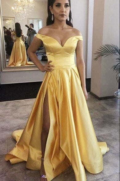 Elegant Off Shoulder Yellow Long Prom Dress with Slit