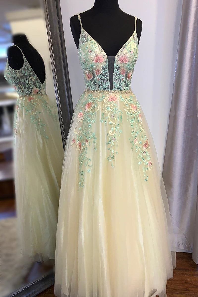 Gorgeous Straps A-Line Floral Embroidered Long Prom Dress