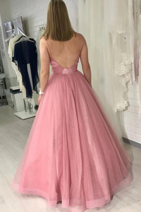 Simple Straps A-Line Pink Long Prom Dress with Backless