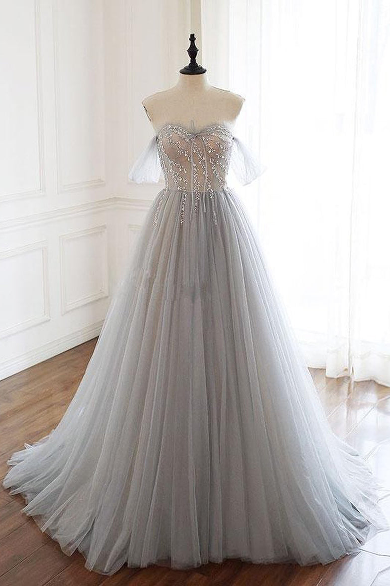 Gorgeous Off Shoulder A-Line Beaded Grey Long Prom Dress