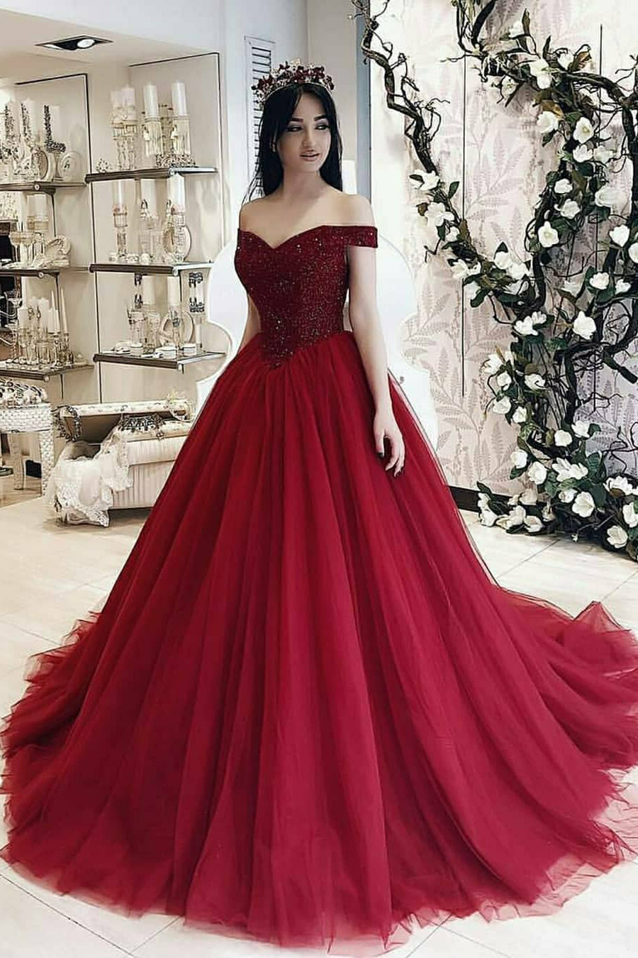 Burgundy off the hot sale shoulder ball gown