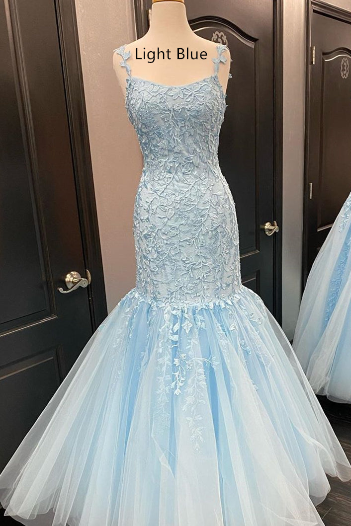 Straps Mermaid Light Blue Lace Appliqued Long Prom Dress