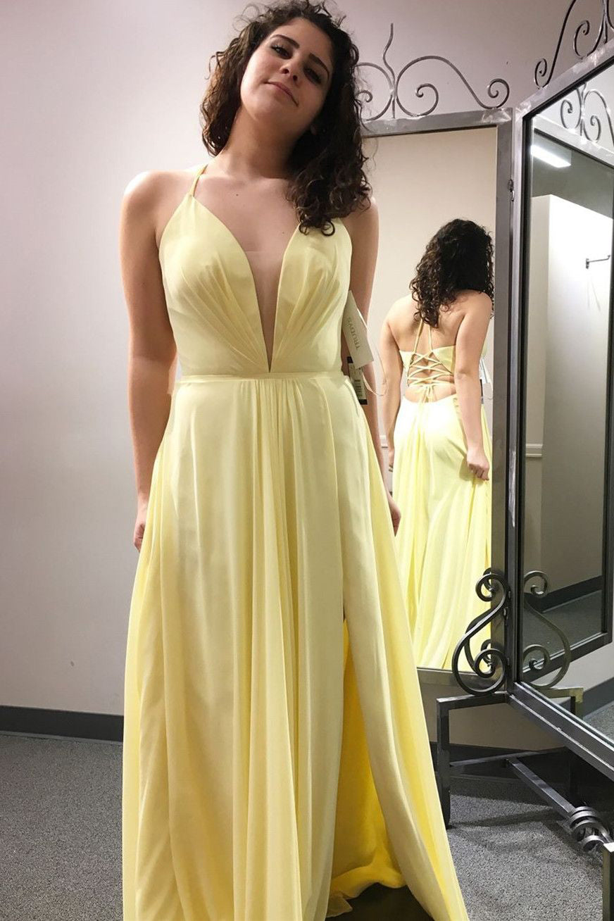 Elegant V Neck A-Line Yellow Long Prom Dress with Slit