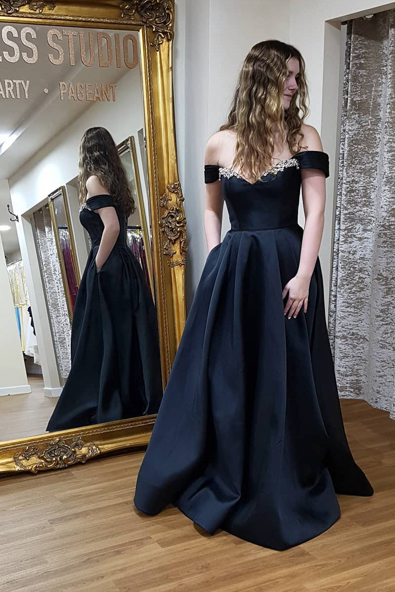 Off Shoulder A-Line Black Long Prom Dress with Beading Top