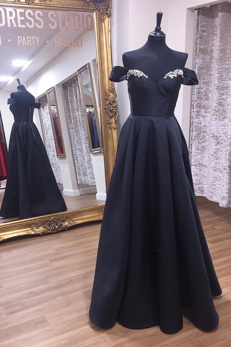 Off Shoulder A-Line Black Long Prom Dress with Beading Top