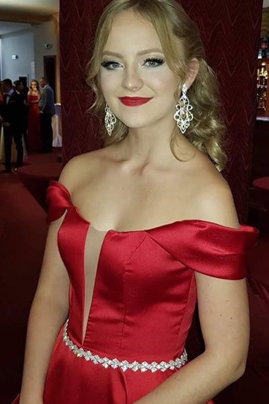 Princess Off Shoulder Beaded A-Line Red Long Prom Dress