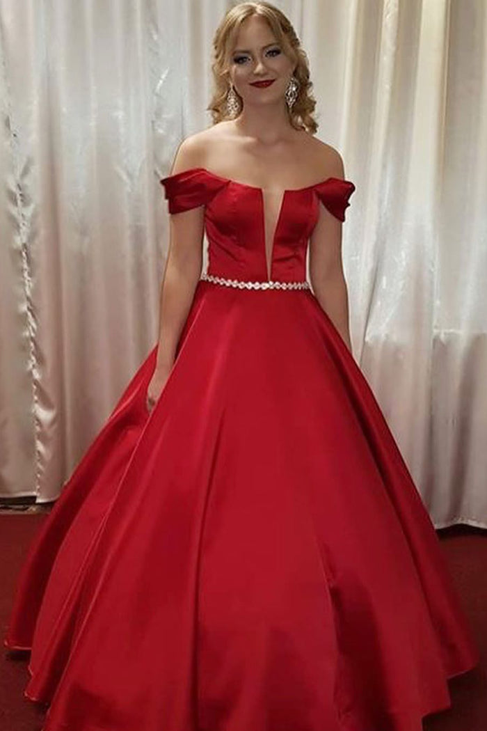 Princess Off Shoulder Beaded A-Line Red Long Prom Dress